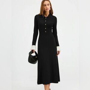 Commense Contrast Cuff Collared Knit Maxi Dress